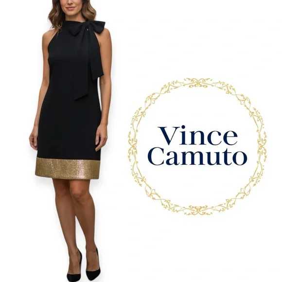 slim fit dress slacks Vince Camuto Cap Sleeve Boat Shape Illusion Neck Gown W/ Side Slit Black  Gold